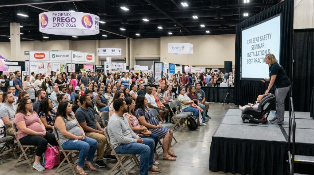 Expectant parents attending a seminar on car seat safety at Phoenix Prego Expo 2026