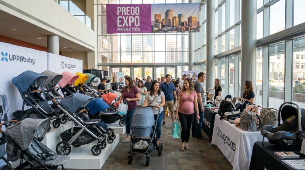 Parents browsing baby gear and stroller displays at Phoenix Prego Expo 2026 in downtown Phoenix