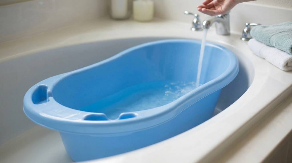 Parent safely washing newborn in a baby bathtub