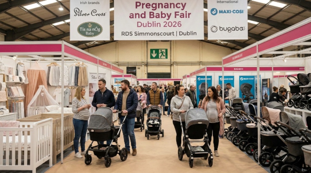 Expectant parents browsing baby prams and nursery products from Irish and international brands on the exhibition floor at the Pregnancy and Baby Fair Dublin 2026 at RDS Simmonscourt