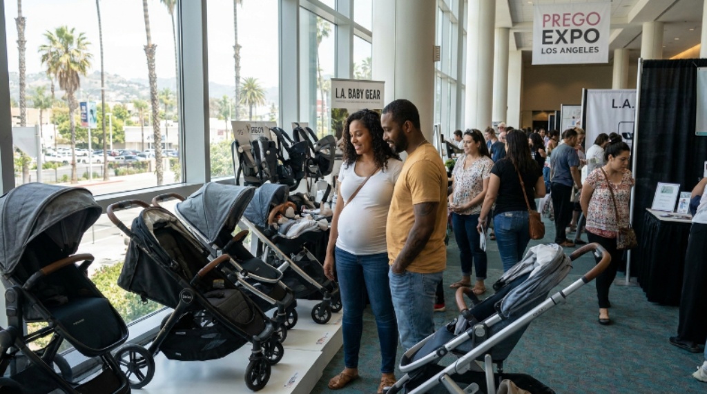 Expectant parents shopping baby gear at Prego Expo Los Angeles