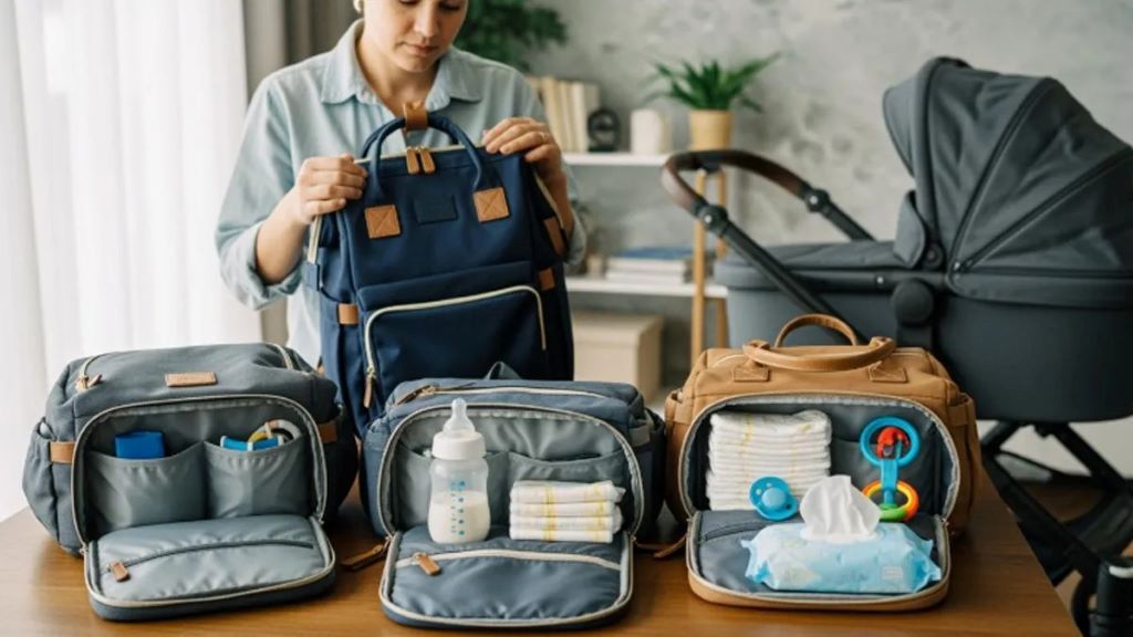 Parent packing a small diaper bag for convenient and fast baby travel preparation