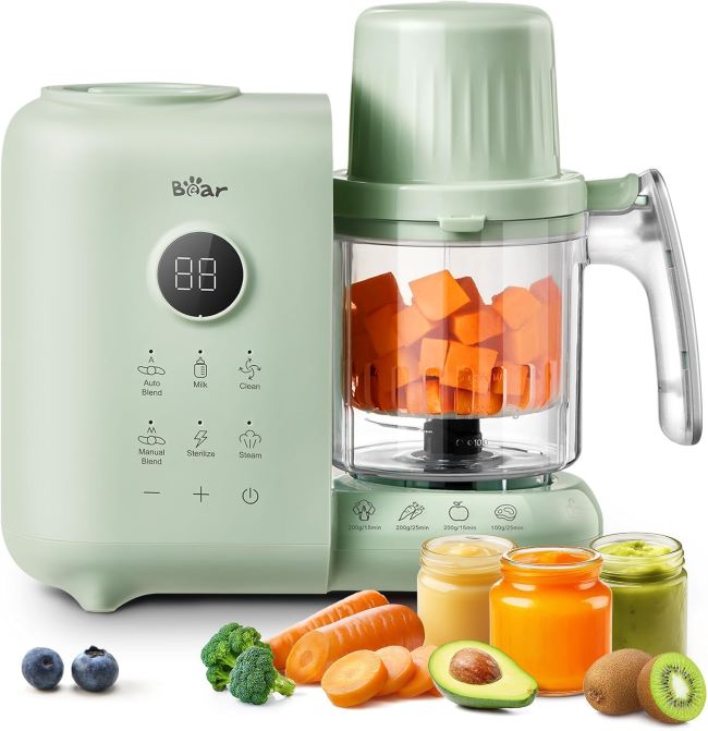 Bear one-step baby food maker with dual steam baskets for cooking, blending, and sterilizing baby food