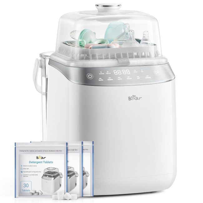 Bear Bottle Washer Pro with automatic washing, sterilizing, drying, and 90 detergent tablets
