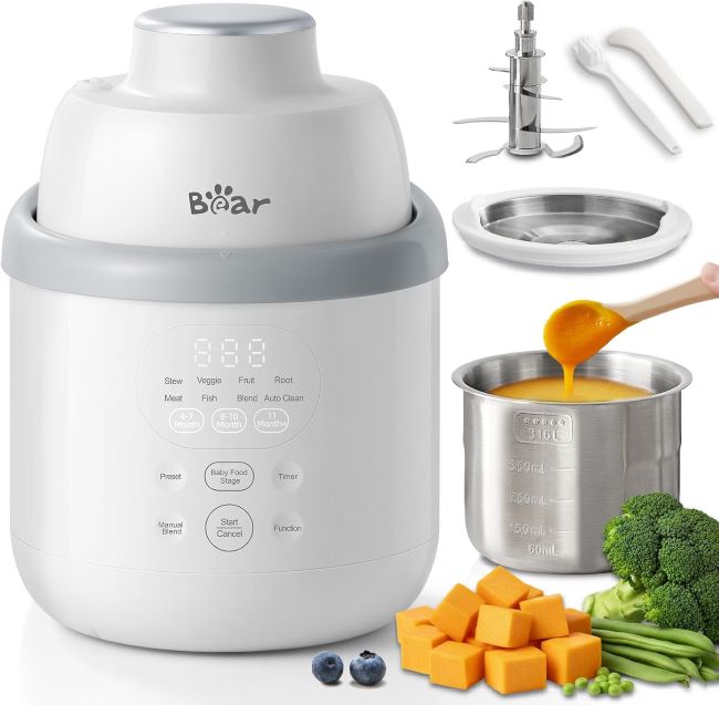 Bear NutriEase stainless steel baby food maker with one-step steam, blend, and grind functions for homemade baby meals