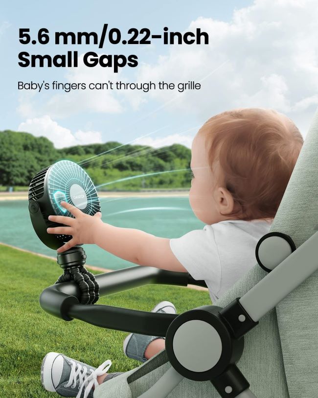Portable Gaiatop clip-on fan keeping a baby cool during outdoor walks in Florida