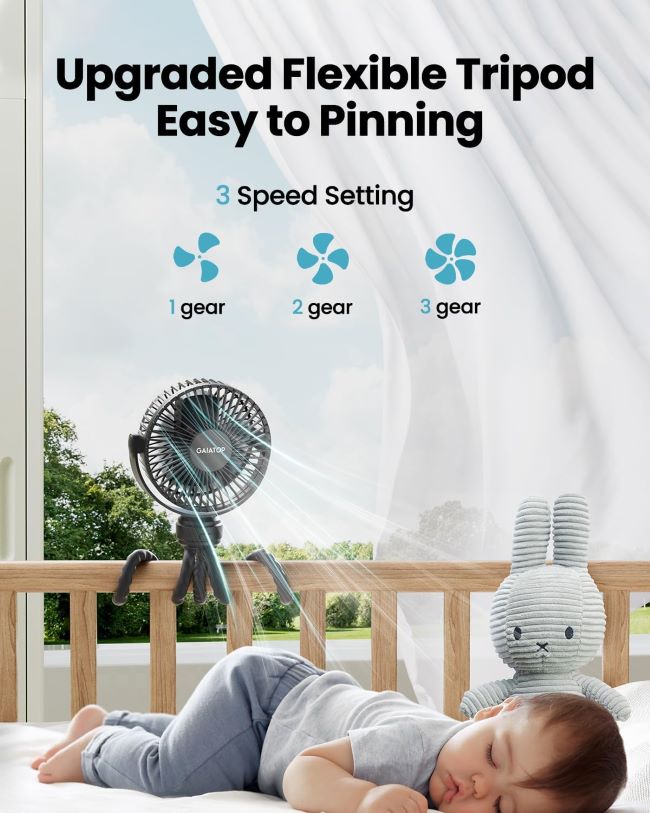 Gaiatop USB rechargeable stroller fan with flexible tripod for babies