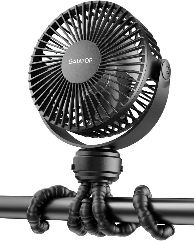 Gaiatop mini portable stroller fan attached to a baby stroller in Florida