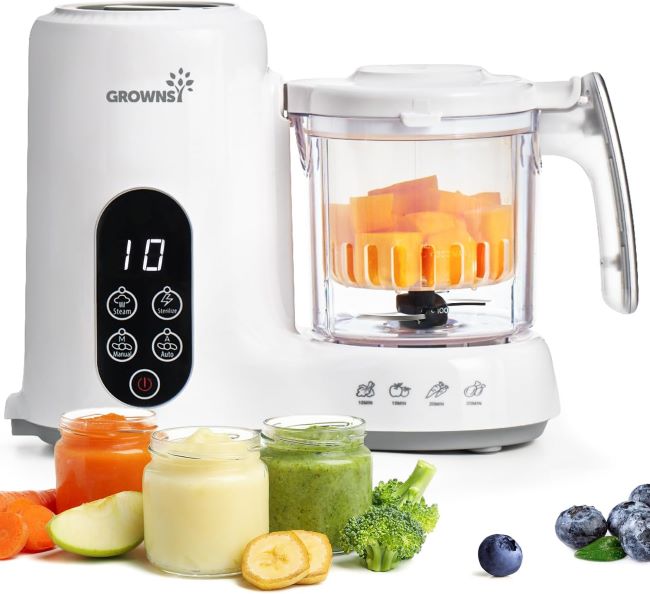 Grownsy baby food maker with steam basket, automatic cooking, blending, grinding, and sterilizing functions