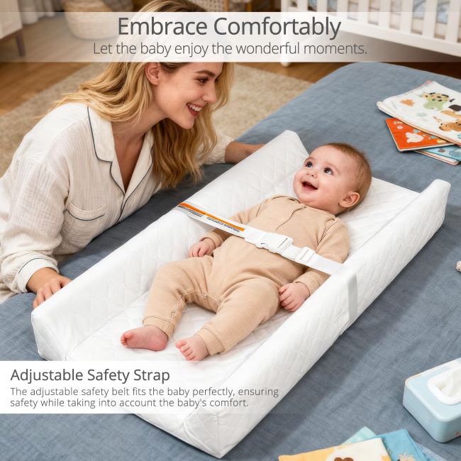 JVEOO waterproof baby changing pad with wipe-clean surface, non-slip base, and safety strap