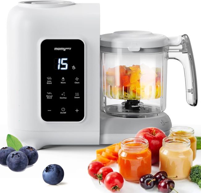 MOMYEASY baby food maker with steamer, blender, grinder, and touch control for homemade baby food
