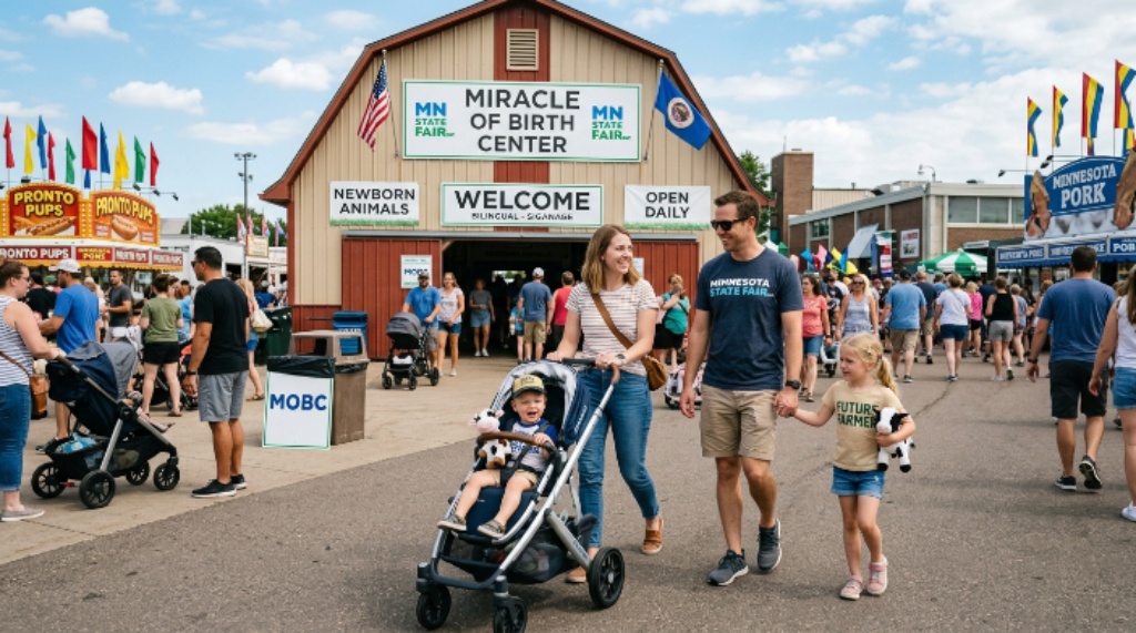 Family with stroller visiting the Miracle of Birth Center at Minnesota State Fair