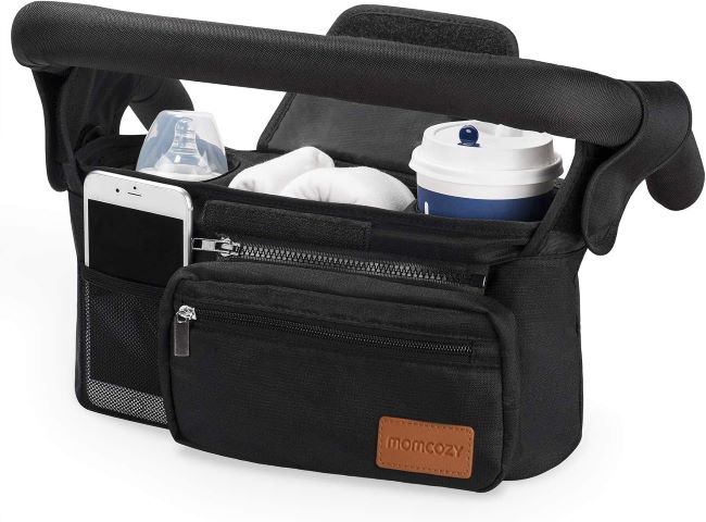 Momcozy universal stroller organizer attached to a stroller in California