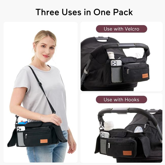 Momcozy stroller organizer with insulated cup holders and detachable phone bag