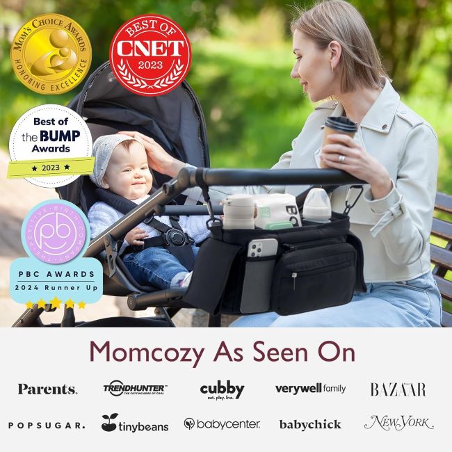 Momcozy universal stroller organizer storing baby essentials for everyday outings