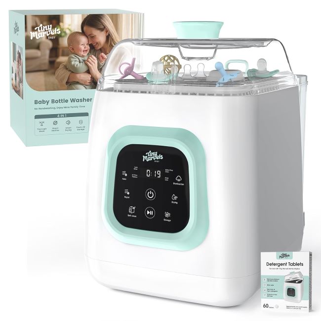 Tiny Marvels Baby Bottle Washer Pro with self-cleaning system, built-in water softener, and six-bottle capacity
