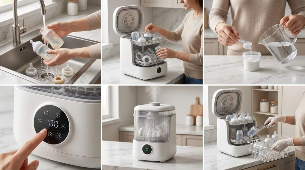 Correct placement of nipples and bottle parts inside washer