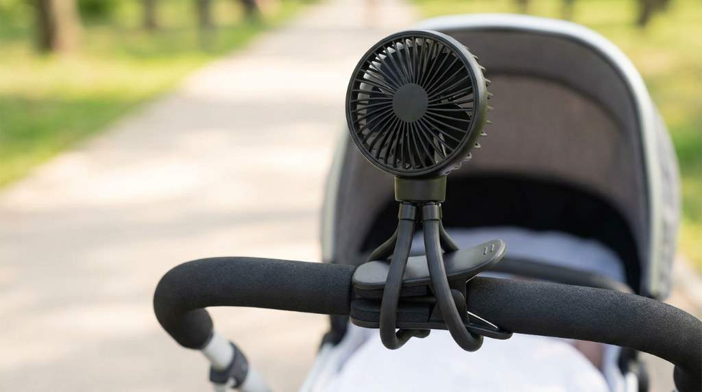 Gaiatop Mini Portable Stroller Fan mounted on stroller handle