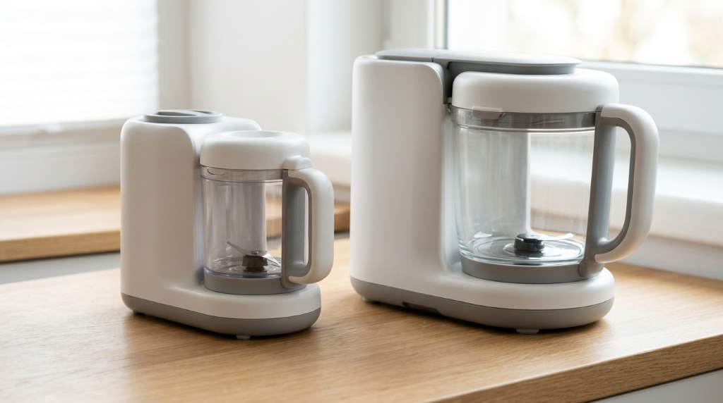 Homemade baby food portions prepared with a compact food maker
