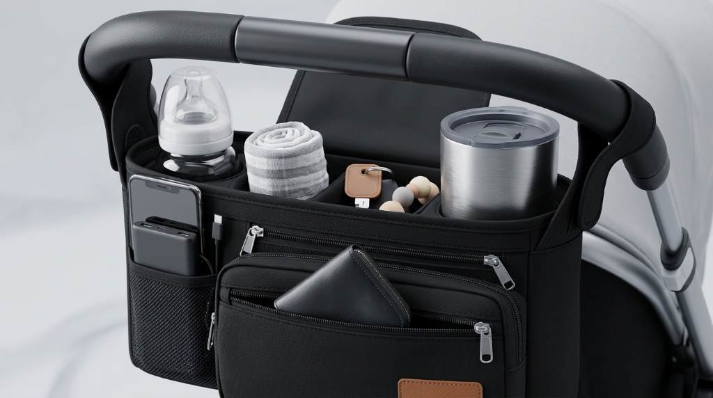 Momcozy Universal Stroller Organizer attached to stroller handle