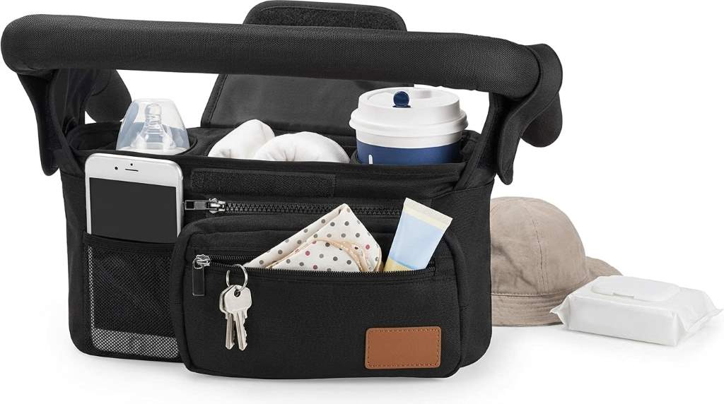 Momcozy organizer compartments holding diapers wipes and phone
