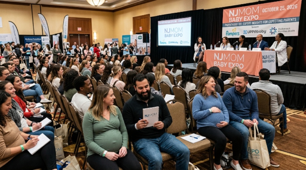 Expecting parents attending a live parenting panel at the NJMOM Baby Expo on October 25 2026