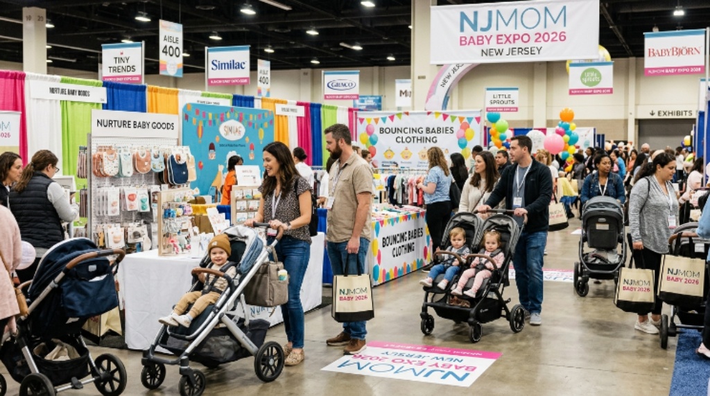 Families with strollers exploring vendor booths at the NJMOM Baby Expo 2026 in New Jersey