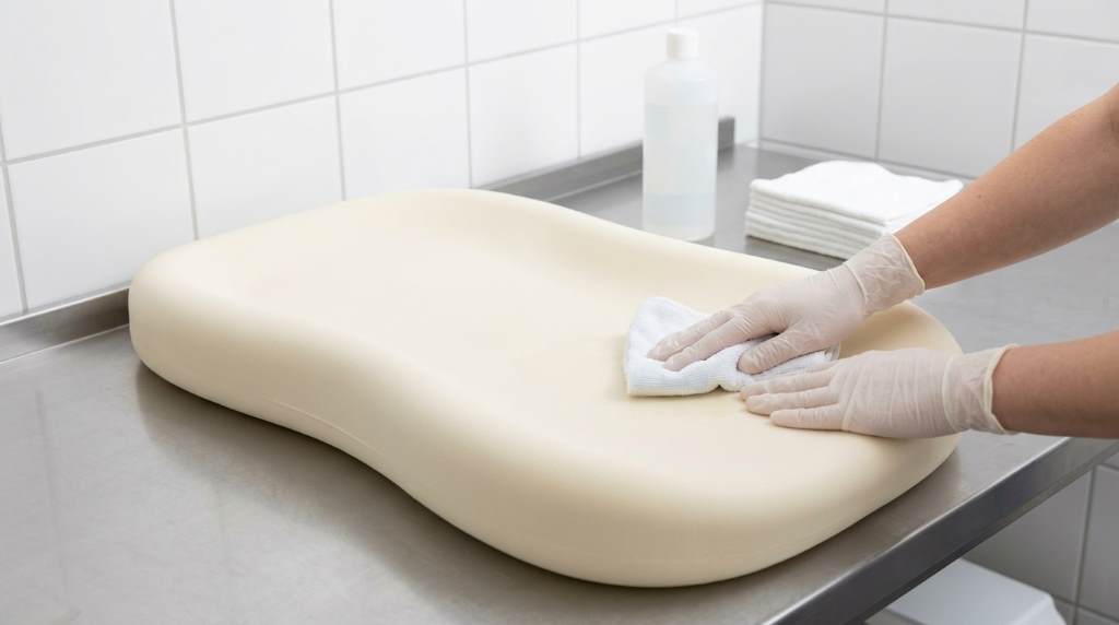 Parent wiping a waterproof baby changing pad with a soft cloth