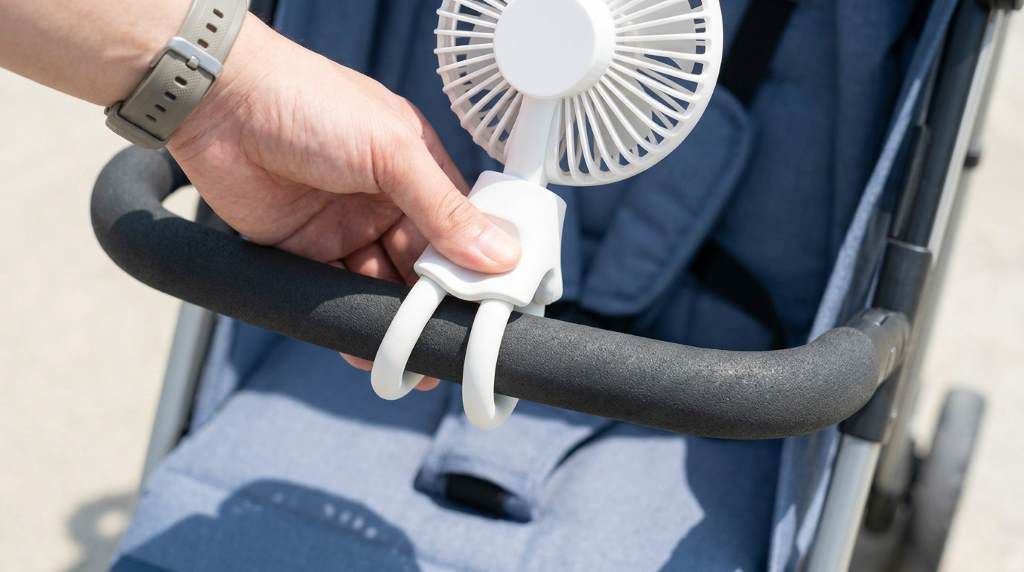 Portable stroller fan securely attached to stroller bar
