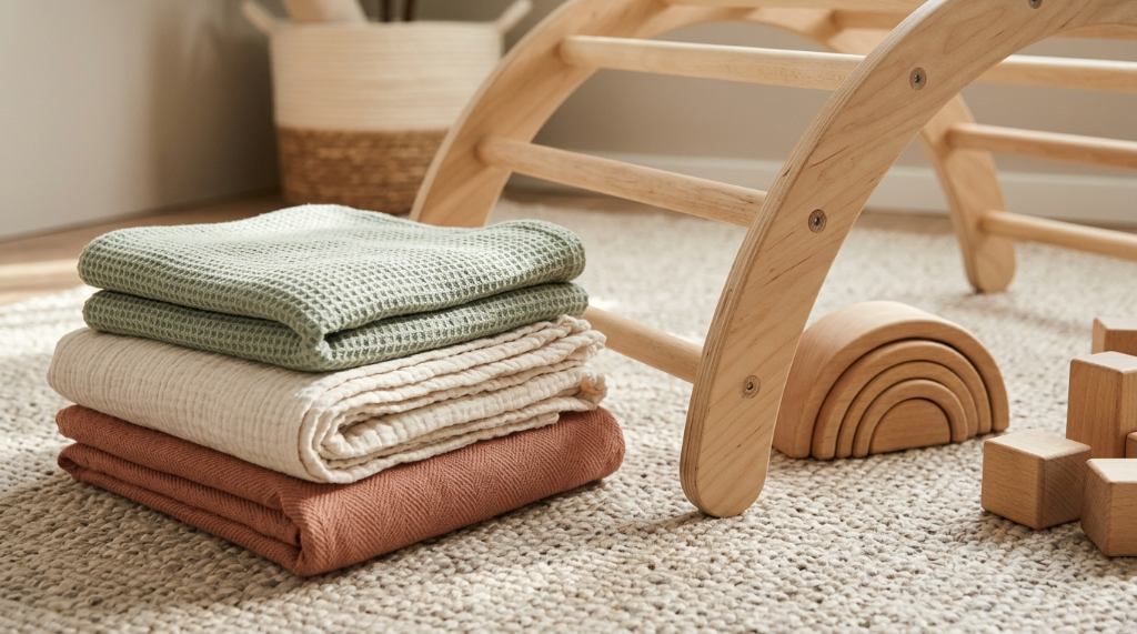 Close-up of a wooden toddler play set and folded cotton baby blankets