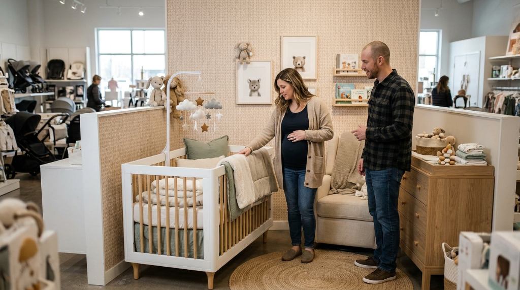 Parents browsing a styled nursery display with a white crib and soft bedding