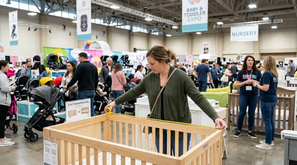 Shopper holding a tape measure beside a convertible crib at a baby gear event